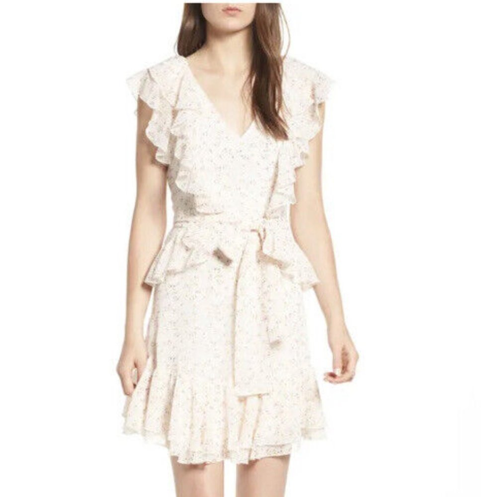WAYF Terni Ruffle Mini Dress Ivory Ditsy Floral Cap Sleeves Lined - Size Medium